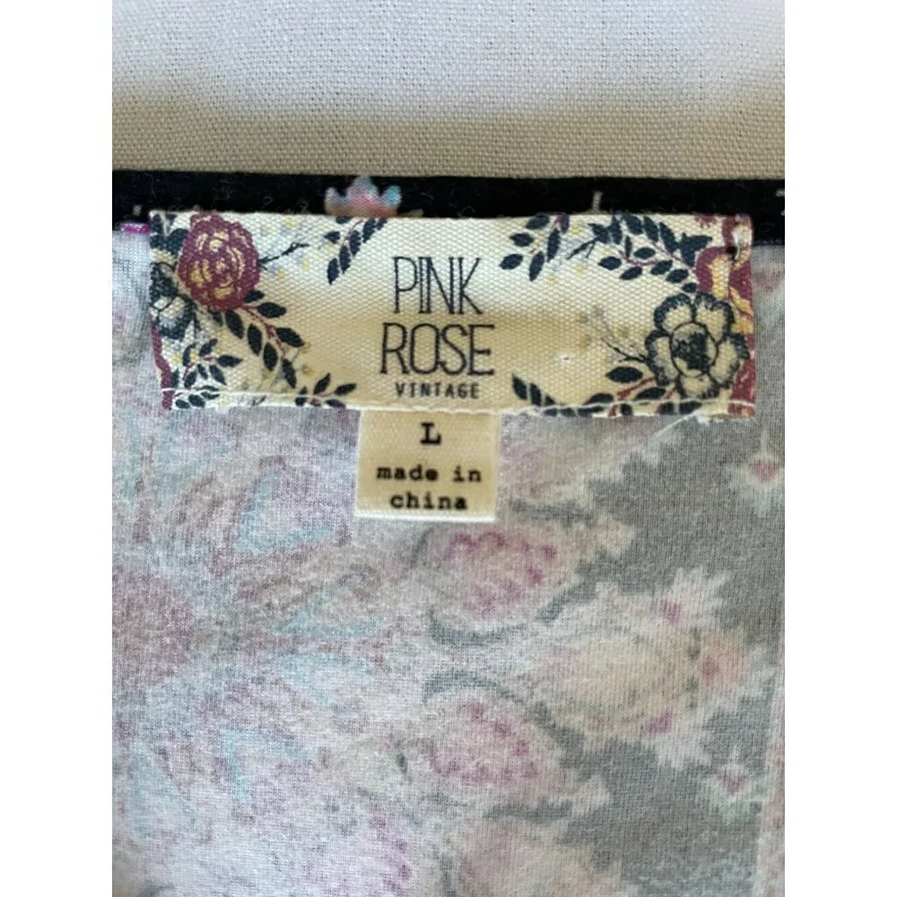 Pink Rose Dress Women's Size Large Short Sleeve Stretchy Black Pink Teal